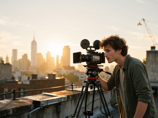 商业广告作品展示，现代都市背景，专业拍摄团队在户外进行商业广告拍摄，使用专业摄影设备，阳光明媚天气
