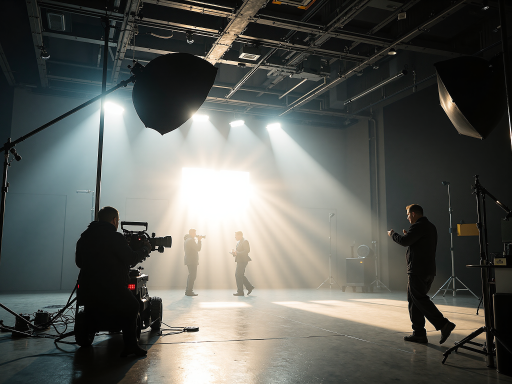 企业宣传片拍摄现场，现代化办公环境，企业员工参与拍摄，摄影师指导拍摄，室内灯光布置