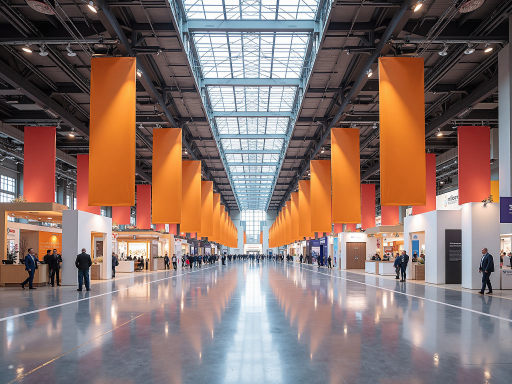 创意策划活动现场，色彩丰富的布置，创意展台设计，参与者互动交流，现场氛围活跃