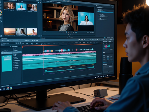 新媒体内容创作，团队讨论创意方案，电脑屏幕显示视频编辑软件界面，创意工作环境